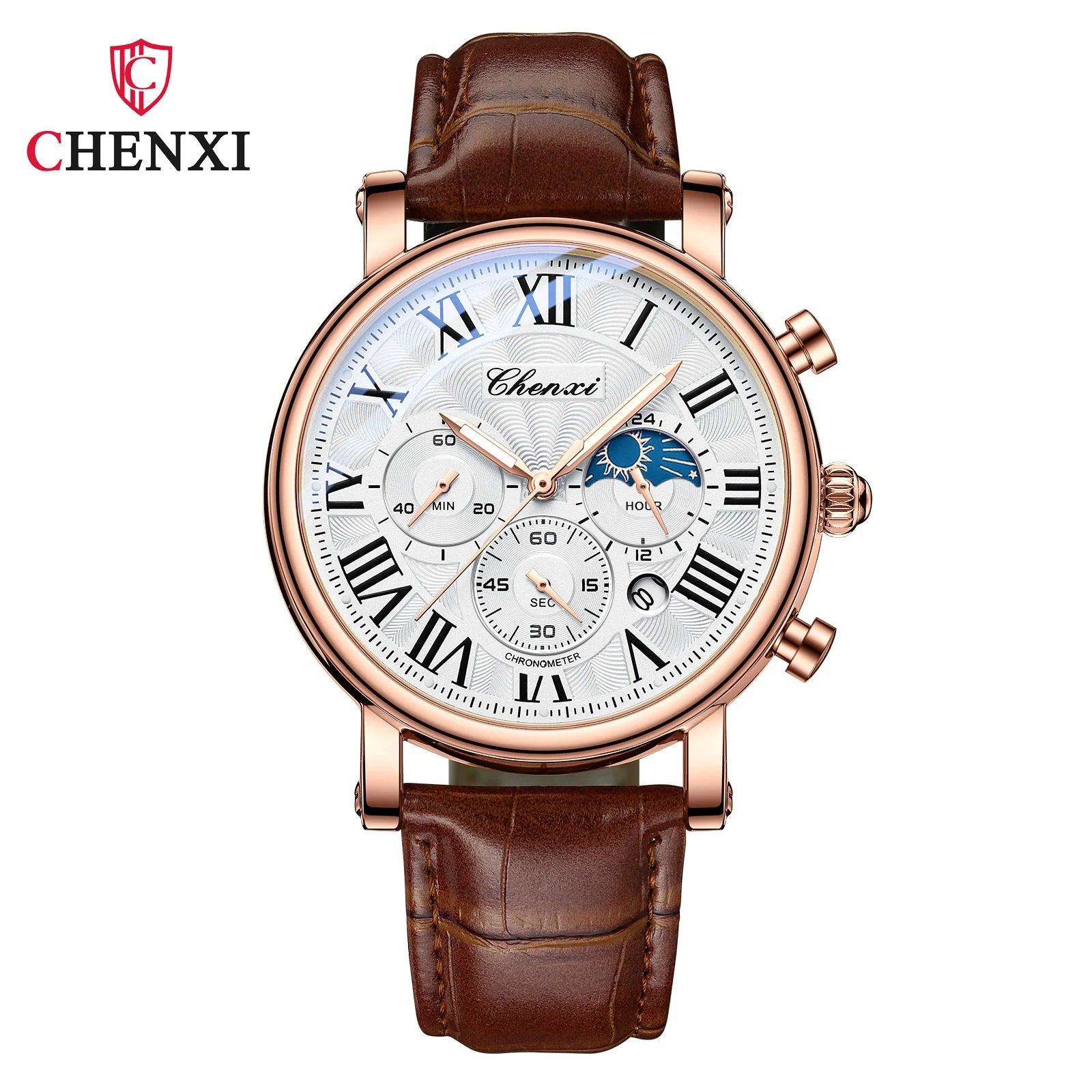 CHENXI 973 Men’s Luxury Quartz Watch with Moon Phase and Leather Strap