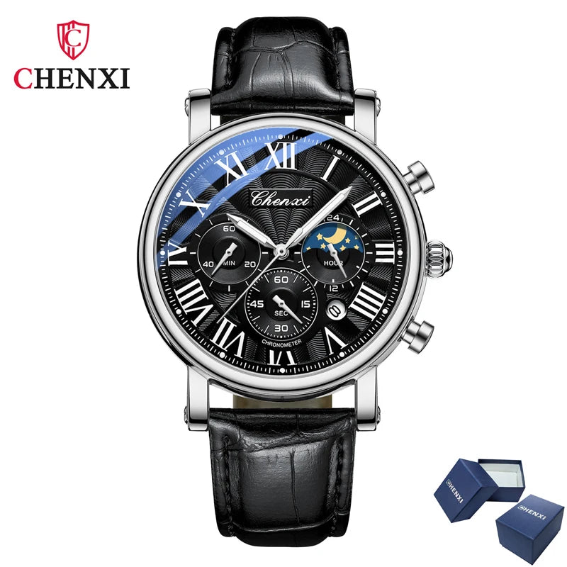 CHENXI 973 Men’s Luxury Quartz Watch with Moon Phase and Leather Strap