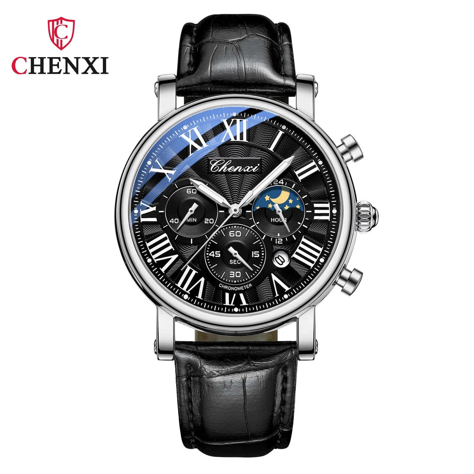 CHENXI 973 Men’s Luxury Quartz Watch with Moon Phase and Leather Strap