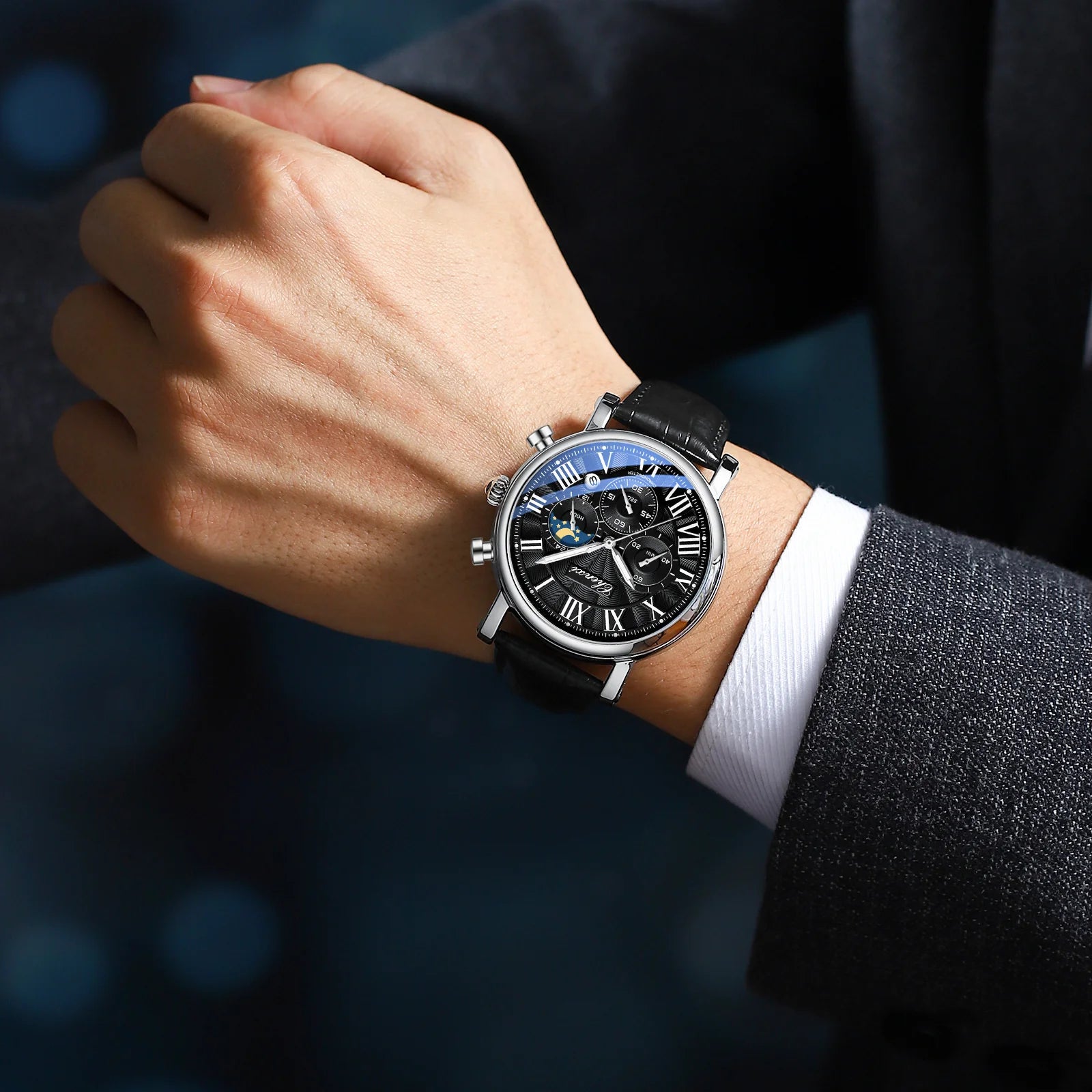 CHENXI 973 Men’s Luxury Quartz Watch with Moon Phase and Leather Strap