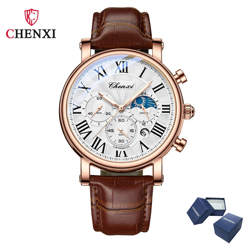 CHENXI 973 Men’s Luxury Quartz Watch with Moon Phase and Leather Strap