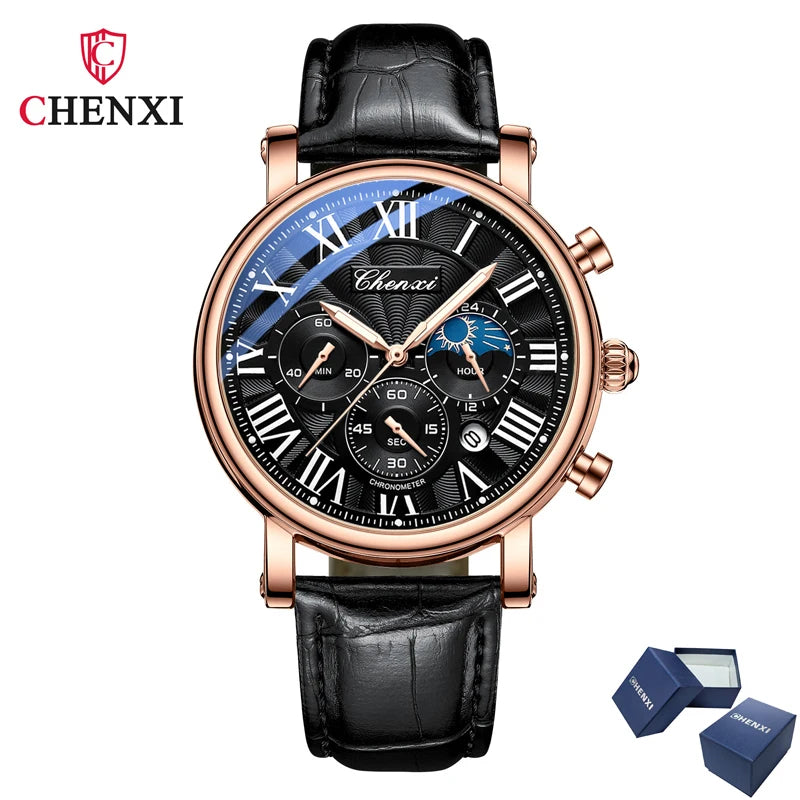 CHENXI 973 Men’s Luxury Quartz Watch with Moon Phase and Leather Strap