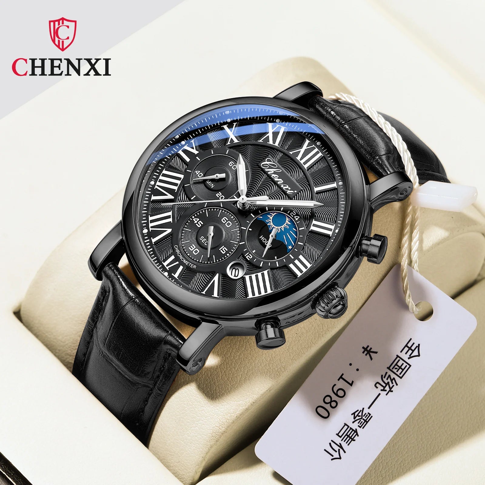 CHENXI 973 Men’s Luxury Quartz Watch with Moon Phase and Leather Strap