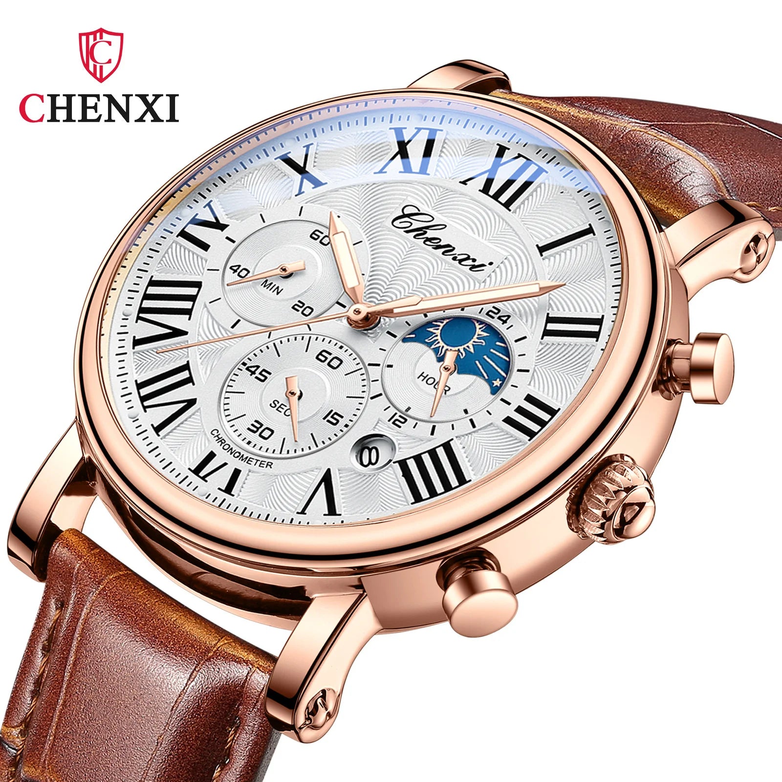 CHENXI 973 Men’s Luxury Quartz Watch with Moon Phase and Leather Strap