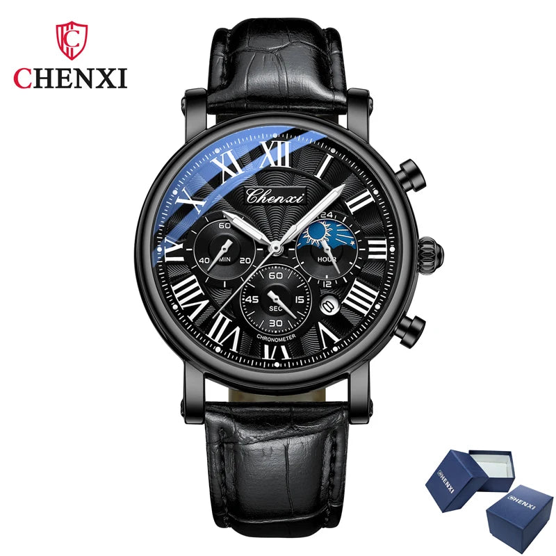 CHENXI 973 Men’s Luxury Quartz Watch with Moon Phase and Leather Strap