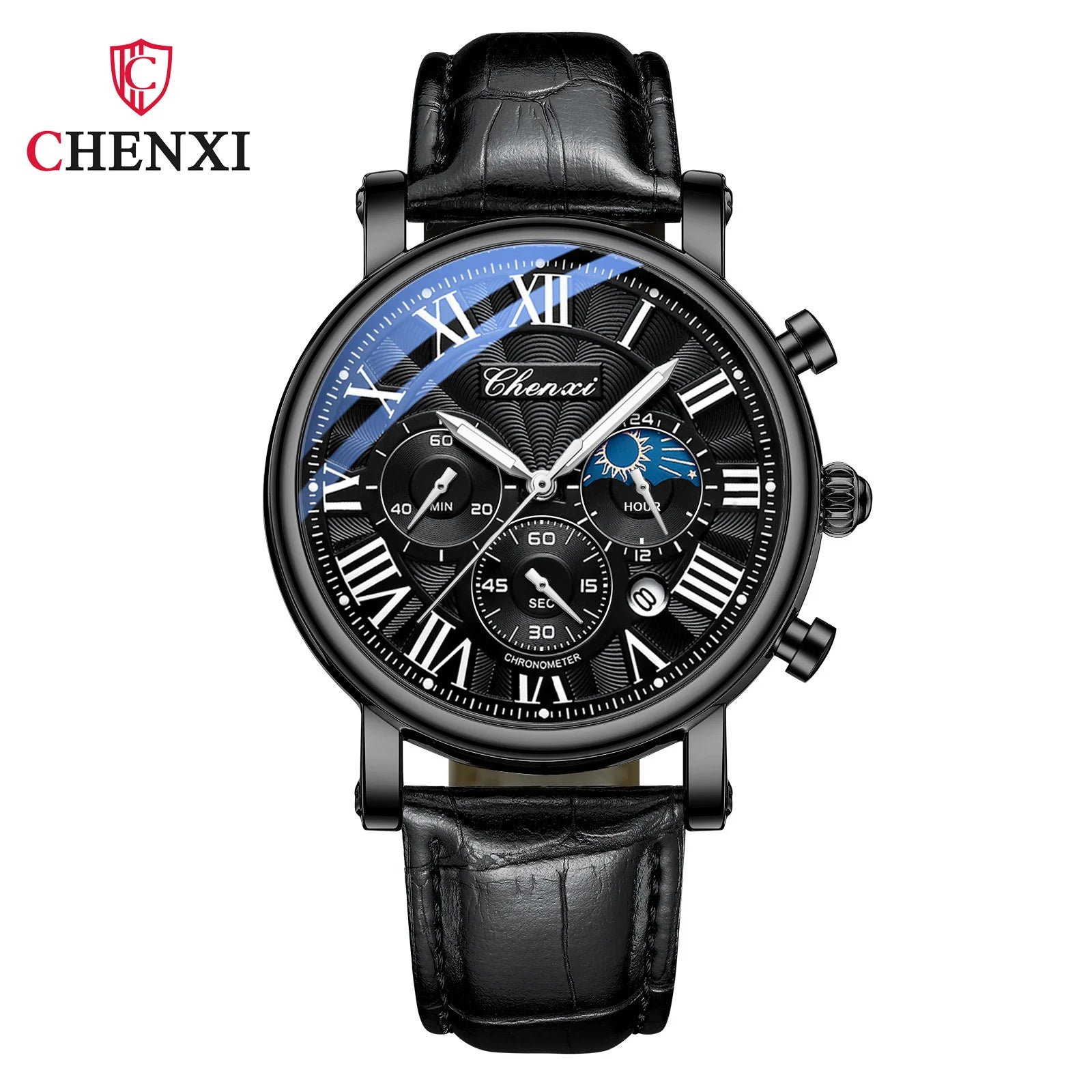 CHENXI 973 Men’s Luxury Quartz Watch with Moon Phase and Leather Strap