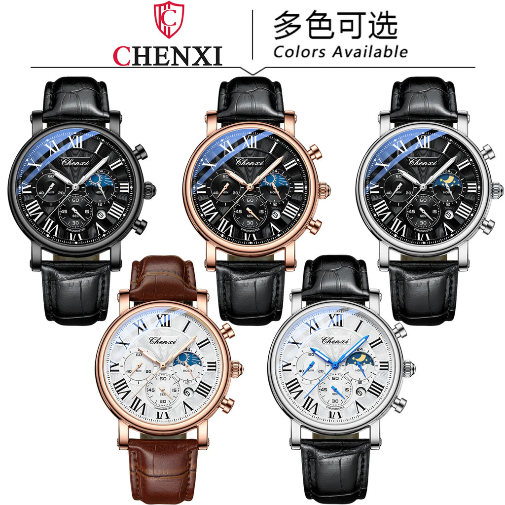 CHENXI 973 Men’s Luxury Quartz Watch with Moon Phase and Leather Strap