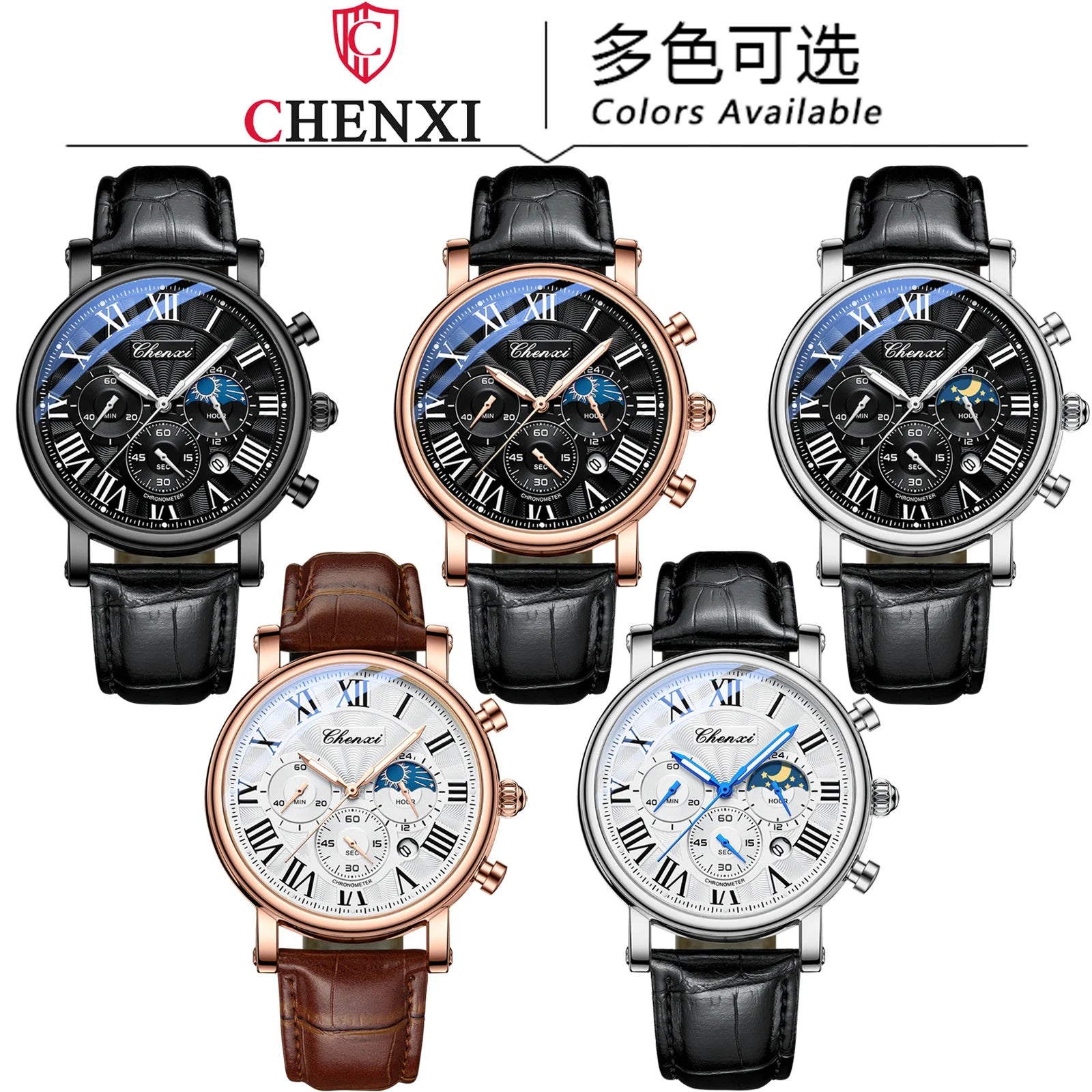 CHENXI 973 Men’s Luxury Quartz Watch with Moon Phase and Leather Strap