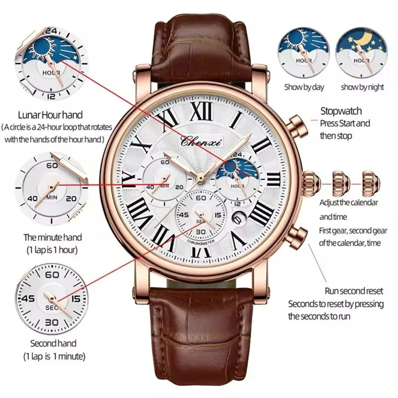 CHENXI 973 Men’s Luxury Quartz Watch with Moon Phase and Leather Strap