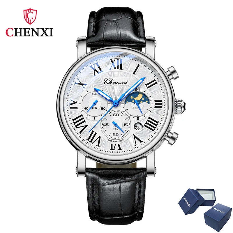 CHENXI 973 Men’s Luxury Quartz Watch with Moon Phase and Leather Strap